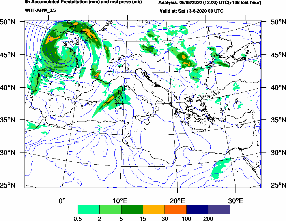 6h Accumulated Precipitation (mm) and msl press (mb) - 2020-06-12 18:00