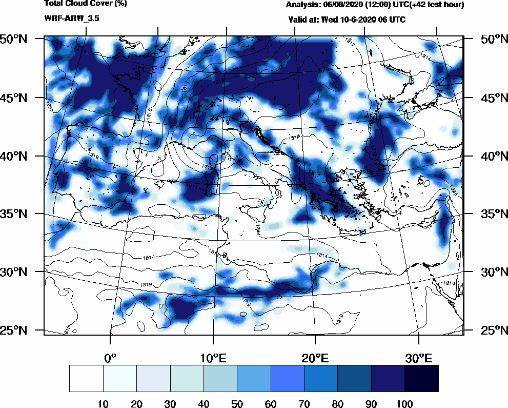 Total cloud cover (%) - 2020-06-10 00:00