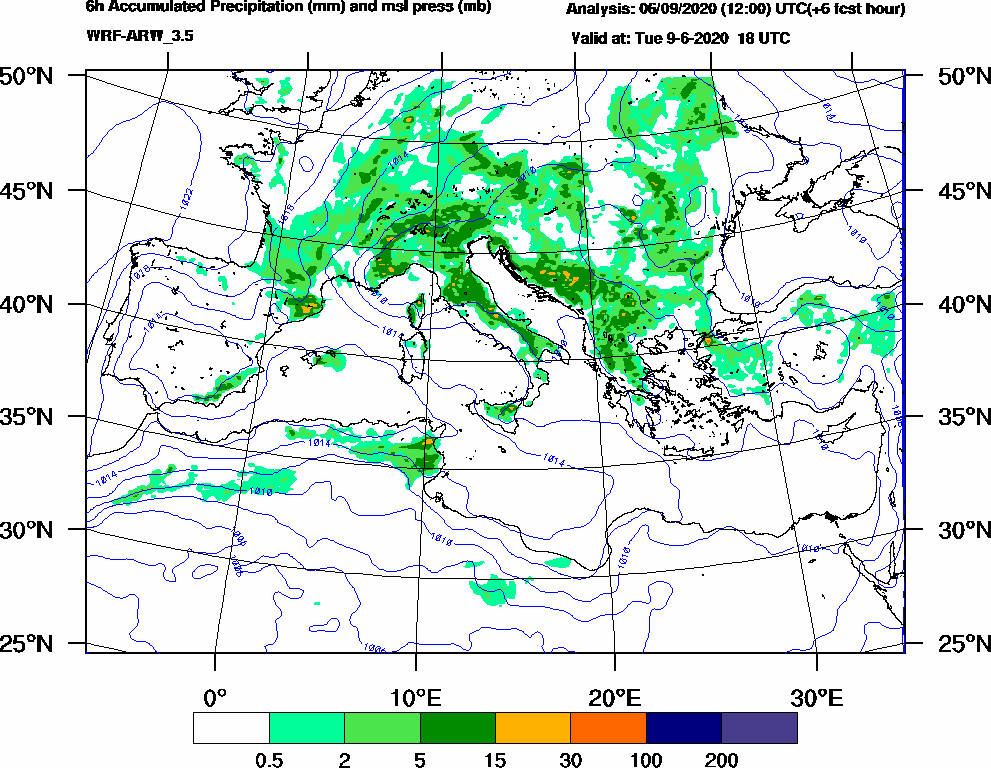 6h Accumulated Precipitation (mm) and msl press (mb) - 2020-06-09 12:00