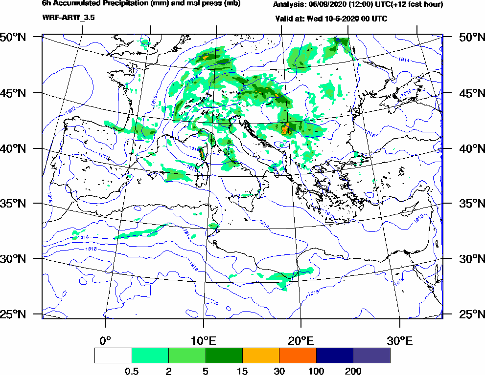 6h Accumulated Precipitation (mm) and msl press (mb) - 2020-06-09 18:00