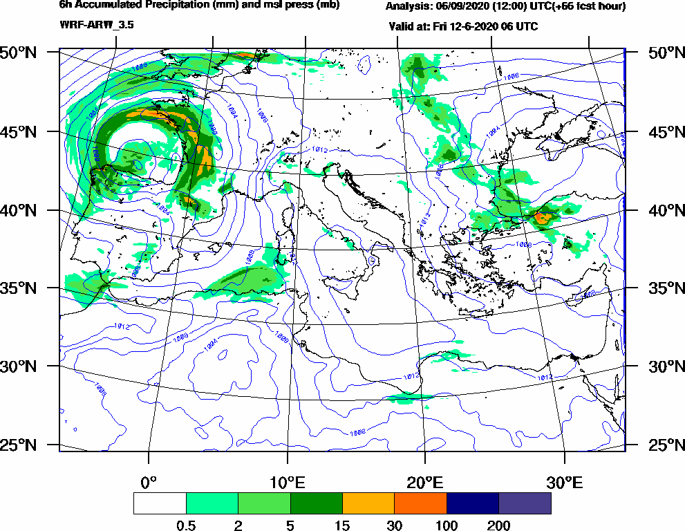 6h Accumulated Precipitation (mm) and msl press (mb) - 2020-06-12 00:00
