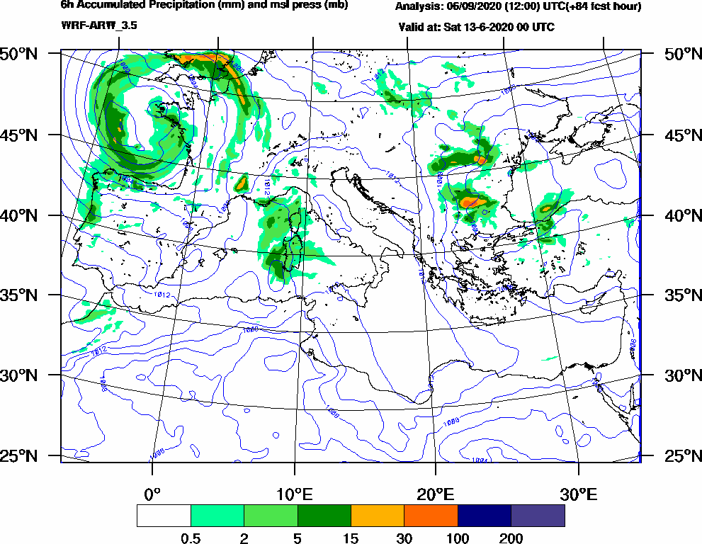 6h Accumulated Precipitation (mm) and msl press (mb) - 2020-06-12 18:00