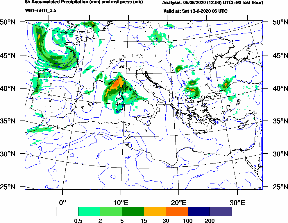 6h Accumulated Precipitation (mm) and msl press (mb) - 2020-06-13 00:00
