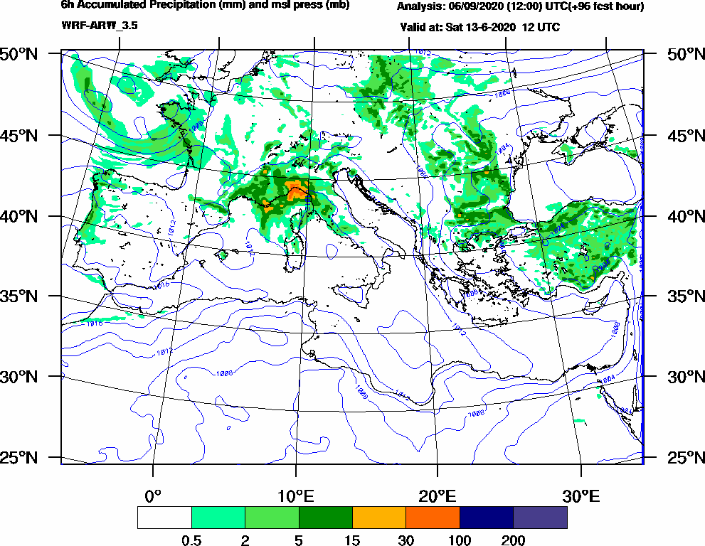 6h Accumulated Precipitation (mm) and msl press (mb) - 2020-06-13 06:00