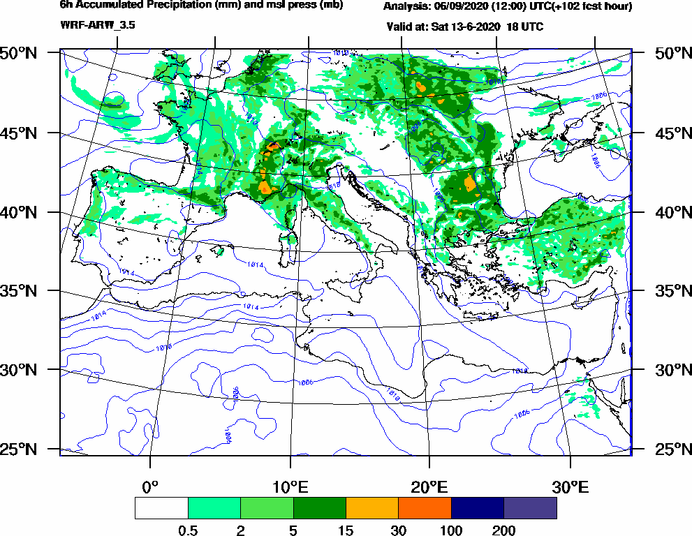 6h Accumulated Precipitation (mm) and msl press (mb) - 2020-06-13 12:00