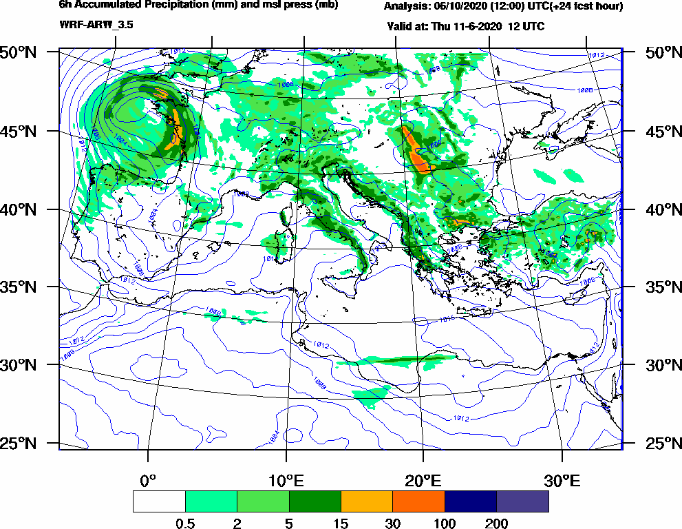 6h Accumulated Precipitation (mm) and msl press (mb) - 2020-06-11 06:00