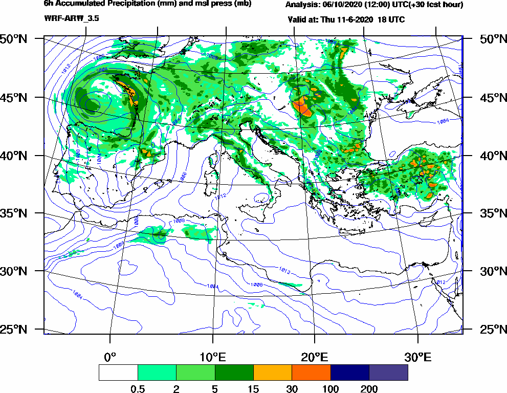 6h Accumulated Precipitation (mm) and msl press (mb) - 2020-06-11 12:00
