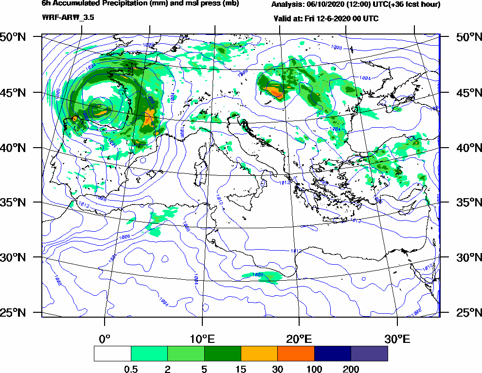 6h Accumulated Precipitation (mm) and msl press (mb) - 2020-06-11 18:00