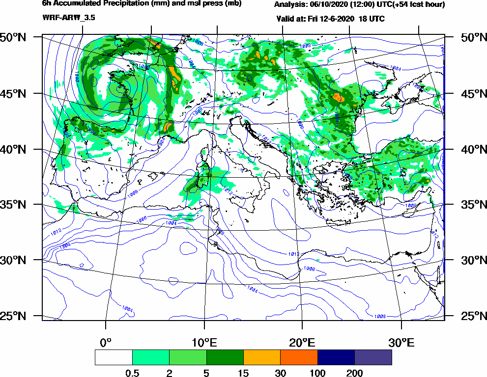 6h Accumulated Precipitation (mm) and msl press (mb) - 2020-06-12 12:00