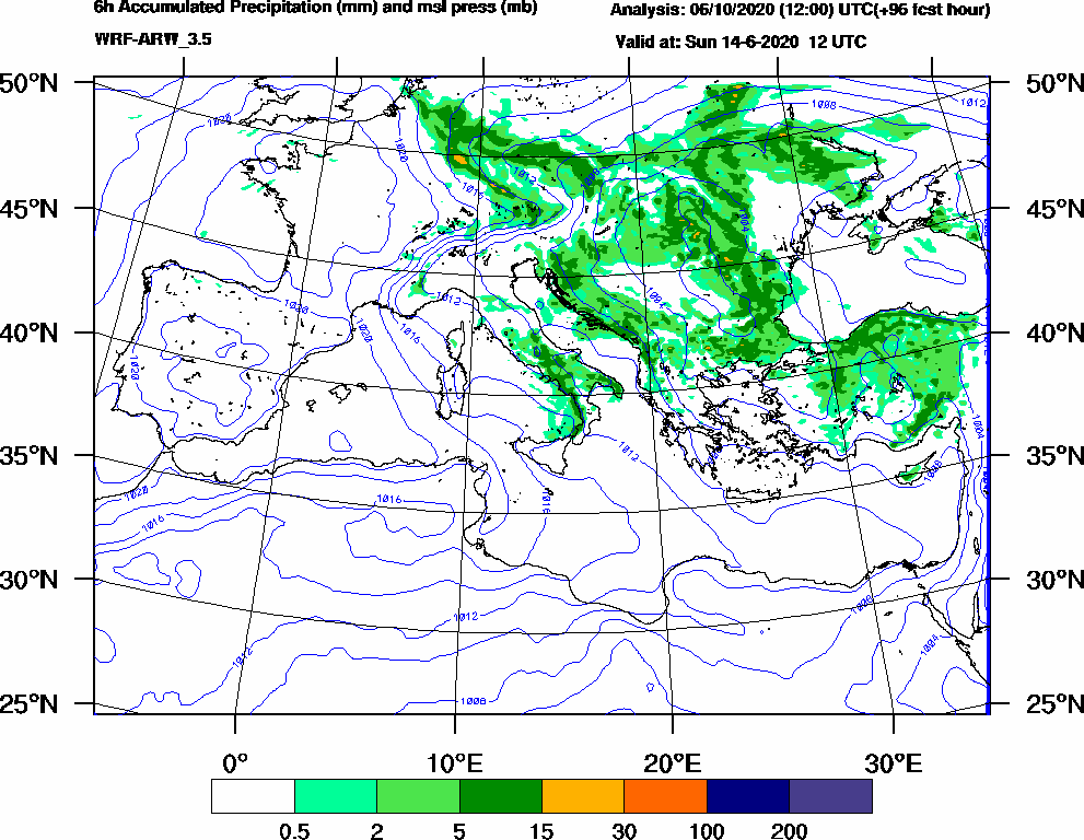 6h Accumulated Precipitation (mm) and msl press (mb) - 2020-06-14 06:00