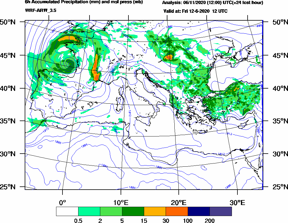 6h Accumulated Precipitation (mm) and msl press (mb) - 2020-06-12 06:00