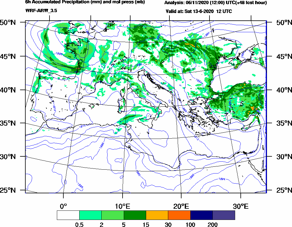 6h Accumulated Precipitation (mm) and msl press (mb) - 2020-06-13 06:00