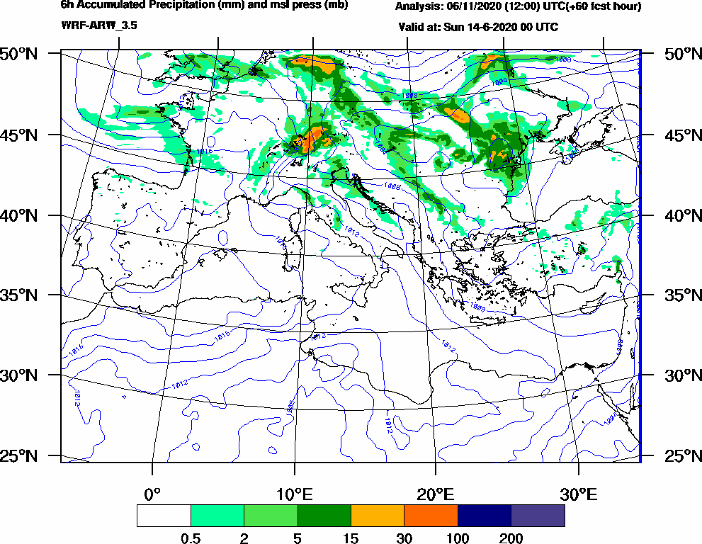 6h Accumulated Precipitation (mm) and msl press (mb) - 2020-06-13 18:00