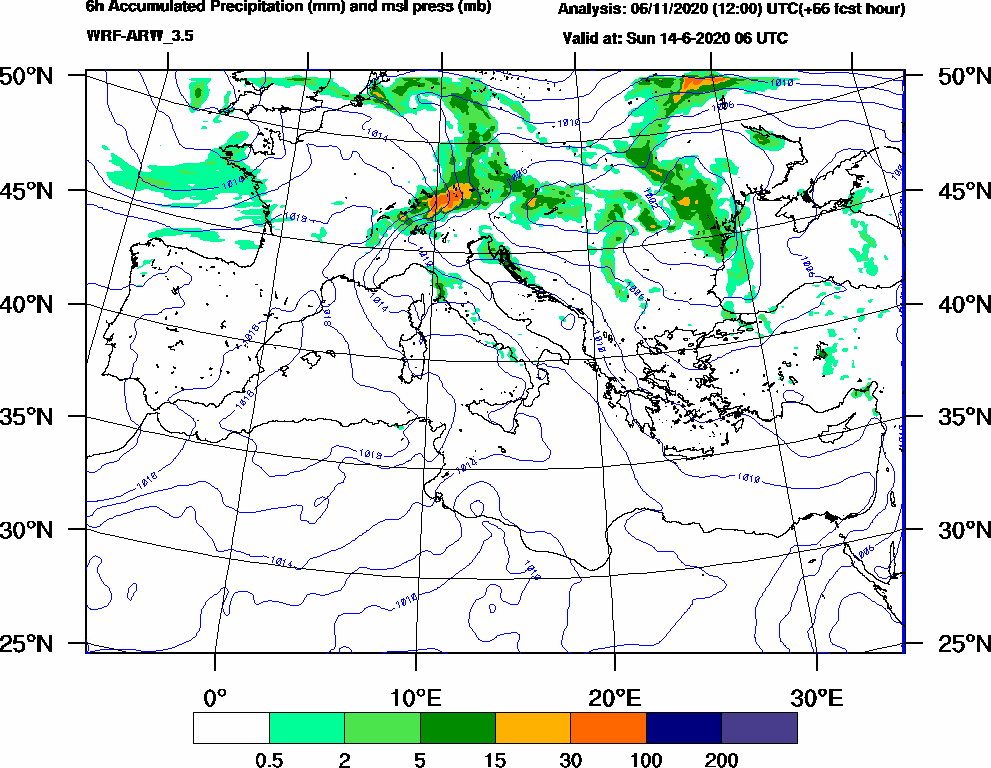 6h Accumulated Precipitation (mm) and msl press (mb) - 2020-06-14 00:00