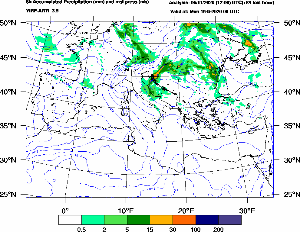 6h Accumulated Precipitation (mm) and msl press (mb) - 2020-06-14 18:00