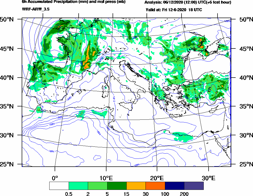 6h Accumulated Precipitation (mm) and msl press (mb) - 2020-06-12 12:00