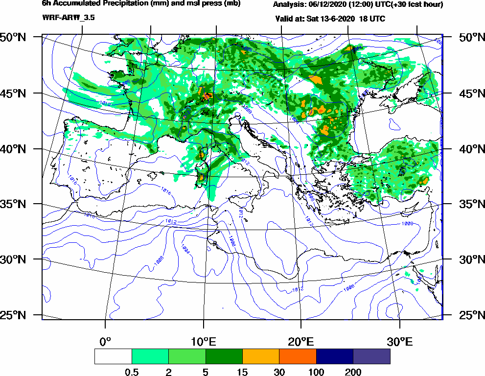 6h Accumulated Precipitation (mm) and msl press (mb) - 2020-06-13 12:00