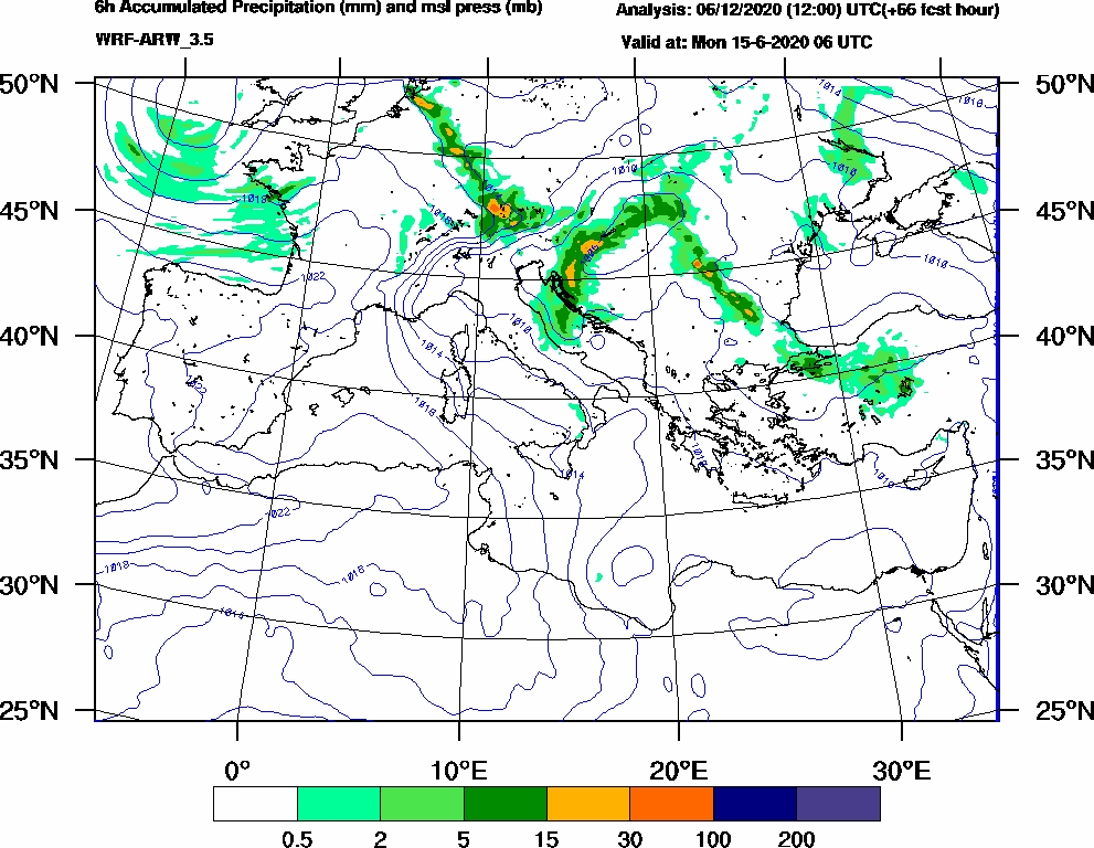 6h Accumulated Precipitation (mm) and msl press (mb) - 2020-06-15 00:00