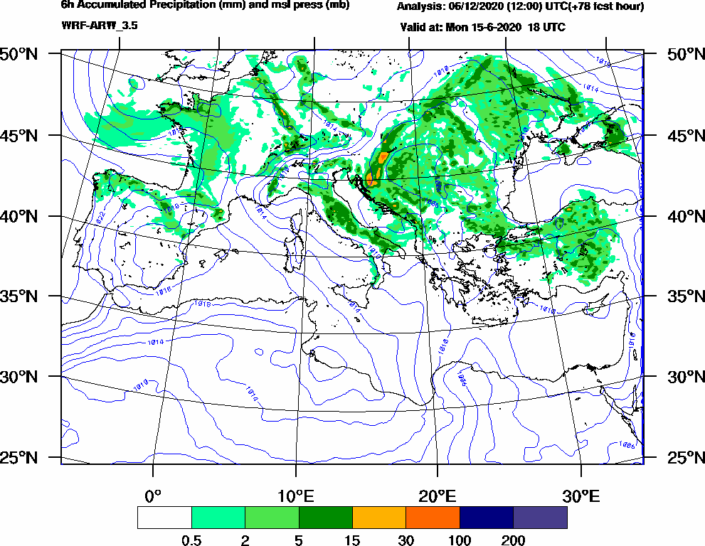 6h Accumulated Precipitation (mm) and msl press (mb) - 2020-06-15 12:00