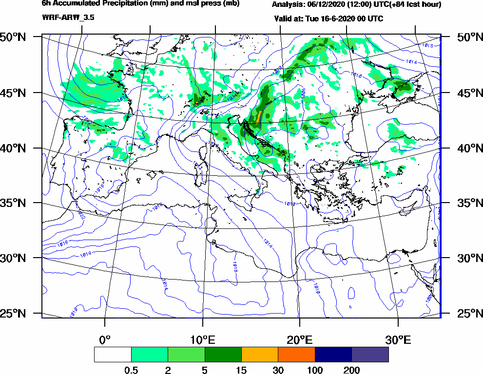 6h Accumulated Precipitation (mm) and msl press (mb) - 2020-06-15 18:00