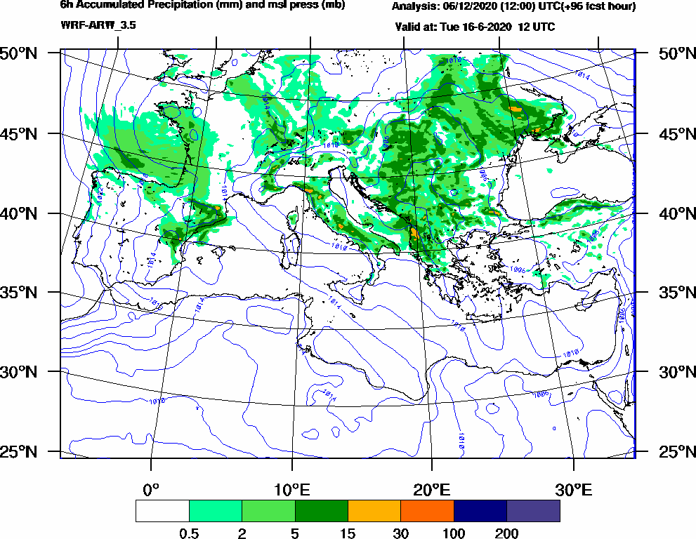 6h Accumulated Precipitation (mm) and msl press (mb) - 2020-06-16 06:00