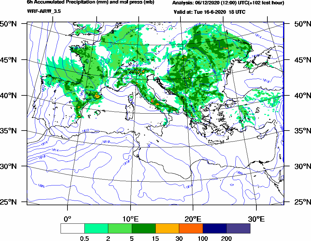 6h Accumulated Precipitation (mm) and msl press (mb) - 2020-06-16 12:00
