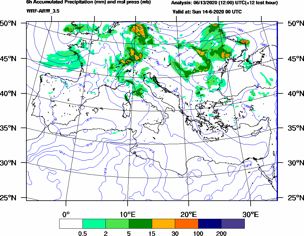 6h Accumulated Precipitation (mm) and msl press (mb) - 2020-06-13 18:00