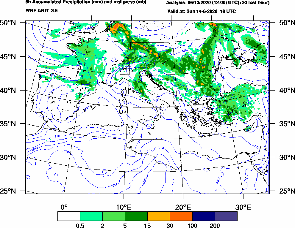 6h Accumulated Precipitation (mm) and msl press (mb) - 2020-06-14 12:00