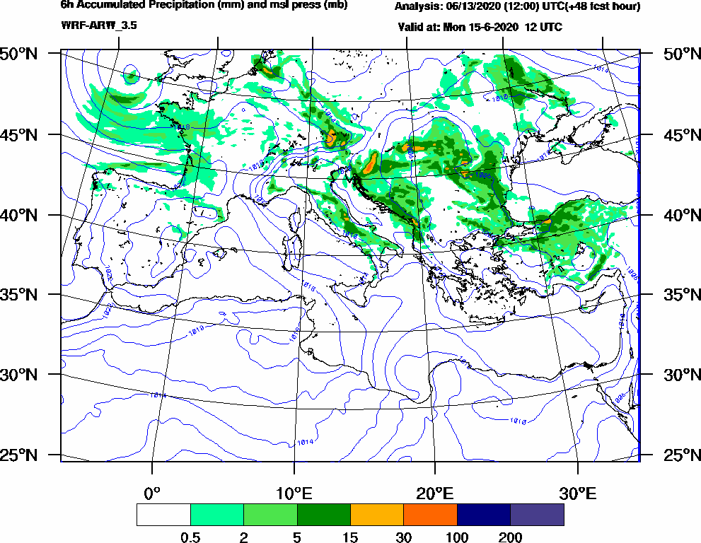 6h Accumulated Precipitation (mm) and msl press (mb) - 2020-06-15 06:00