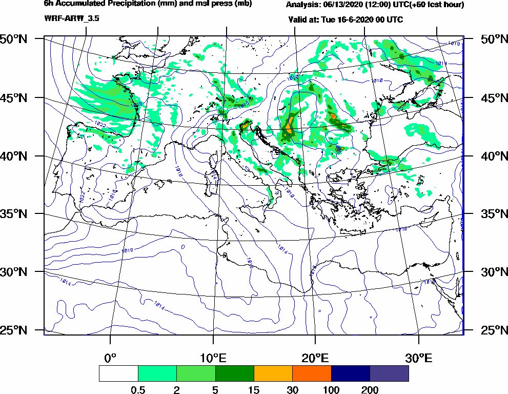 6h Accumulated Precipitation (mm) and msl press (mb) - 2020-06-15 18:00