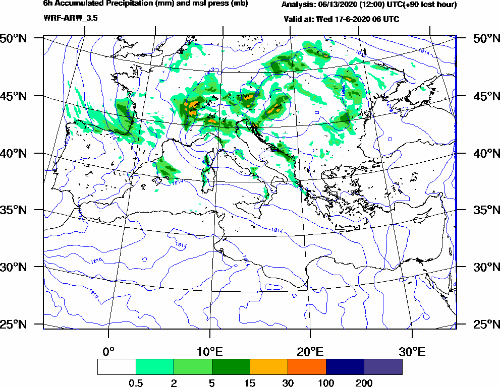 6h Accumulated Precipitation (mm) and msl press (mb) - 2020-06-17 00:00