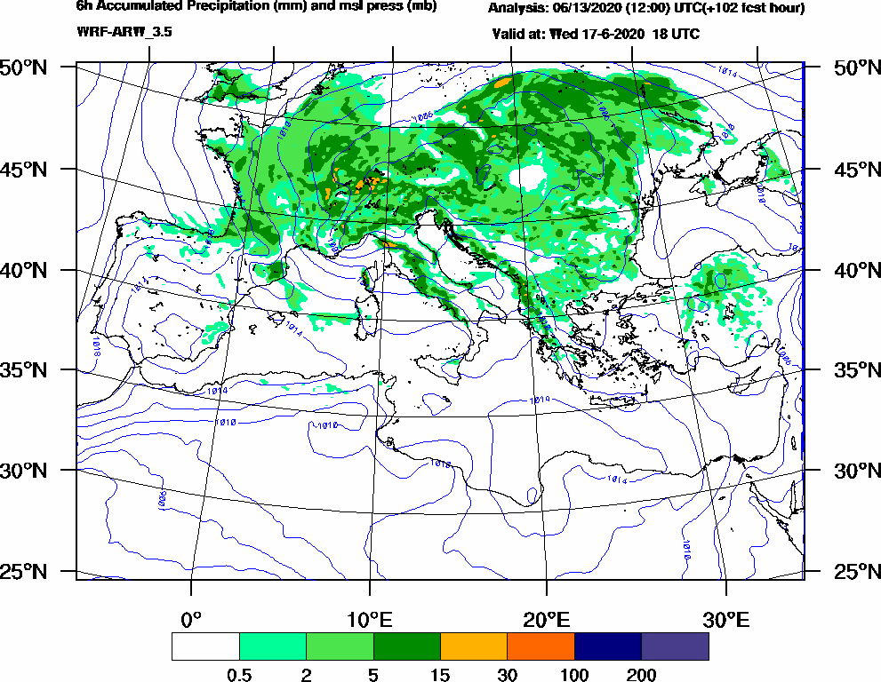 6h Accumulated Precipitation (mm) and msl press (mb) - 2020-06-17 12:00