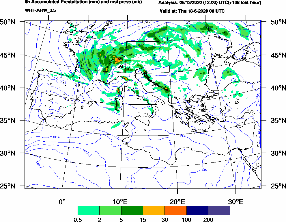 6h Accumulated Precipitation (mm) and msl press (mb) - 2020-06-17 18:00