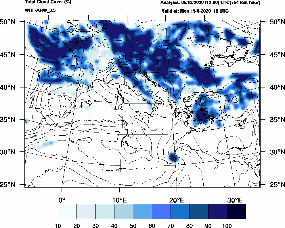 Total cloud cover (%) - 2020-06-15 12:00