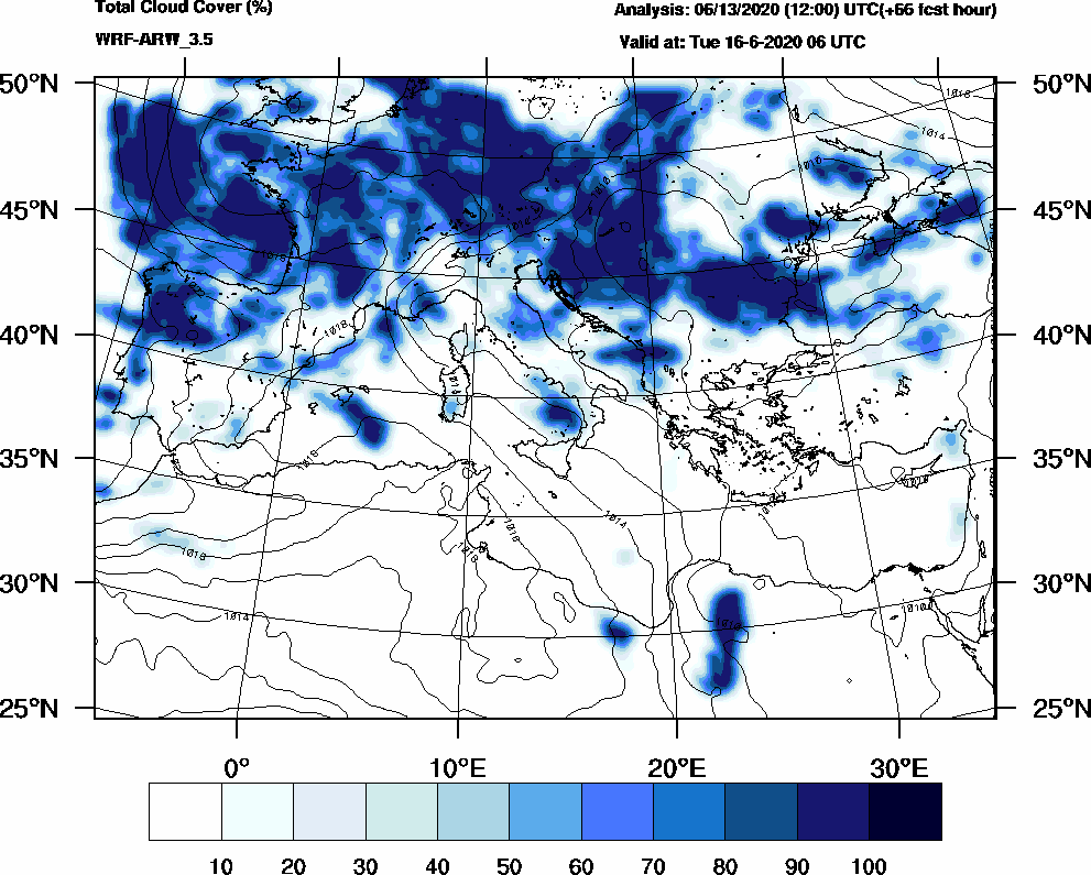 Total cloud cover (%) - 2020-06-16 00:00