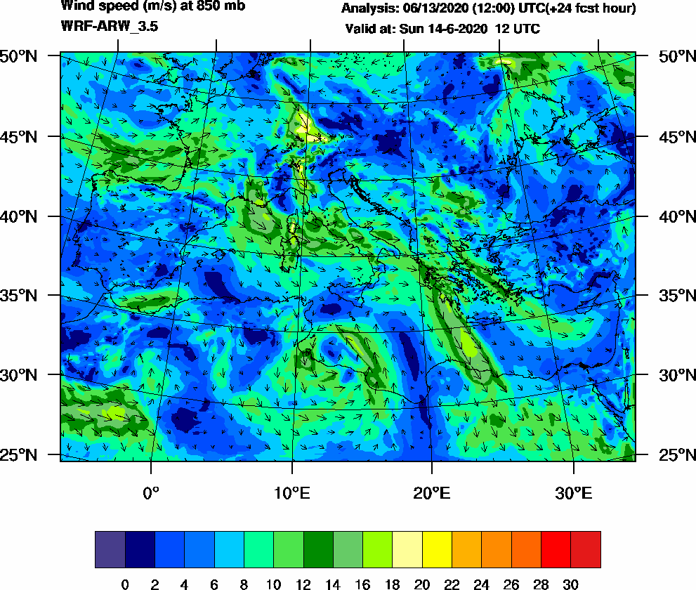 Wind speed (m/s) at 850 mb - 2020-06-14 12:00