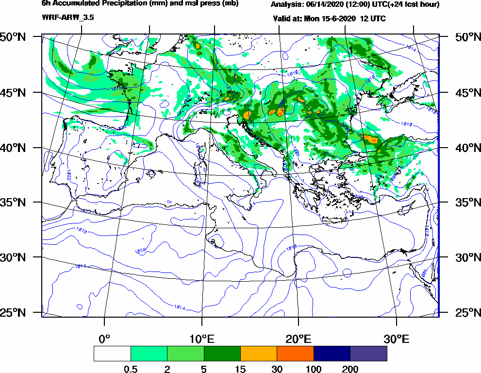 6h Accumulated Precipitation (mm) and msl press (mb) - 2020-06-15 06:00