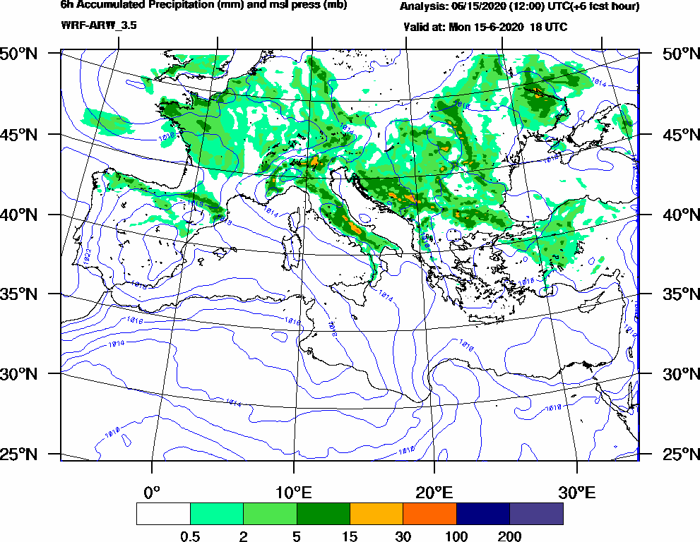 6h Accumulated Precipitation (mm) and msl press (mb) - 2020-06-15 12:00