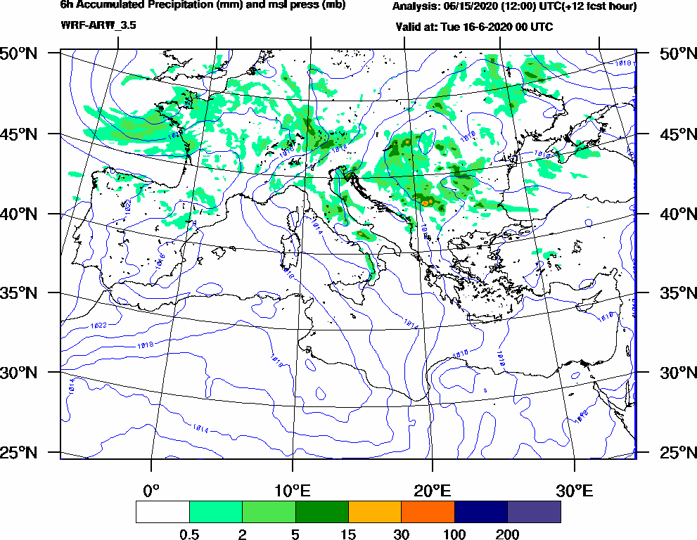 6h Accumulated Precipitation (mm) and msl press (mb) - 2020-06-15 18:00