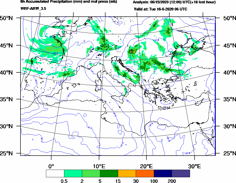 6h Accumulated Precipitation (mm) and msl press (mb) - 2020-06-16 00:00