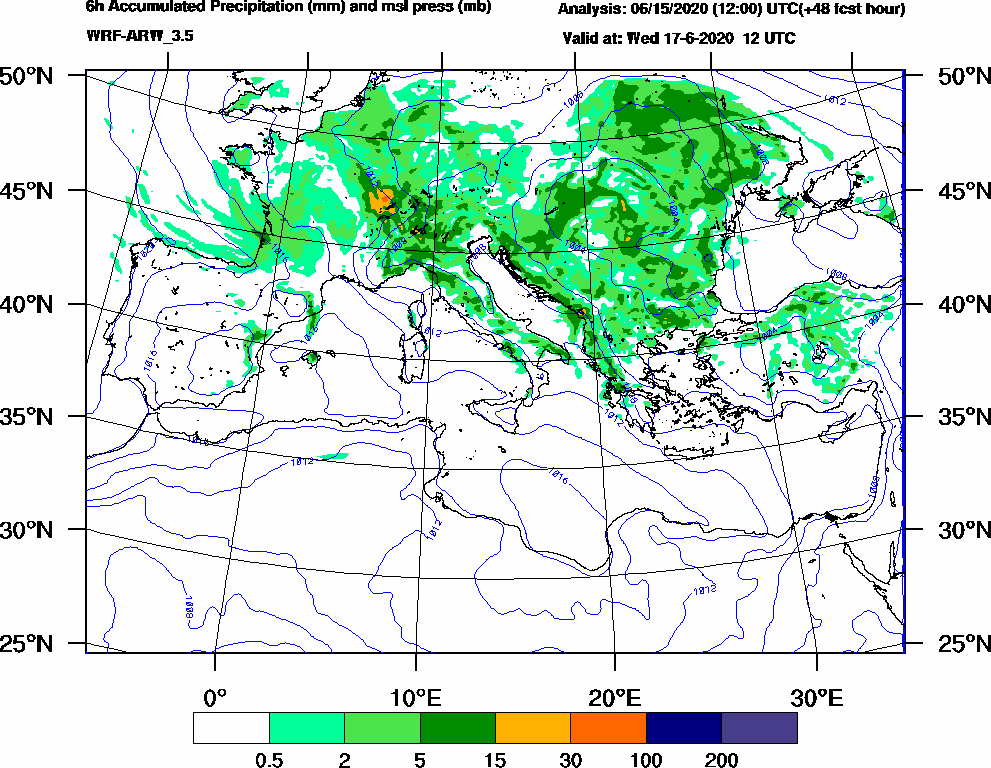 6h Accumulated Precipitation (mm) and msl press (mb) - 2020-06-17 06:00