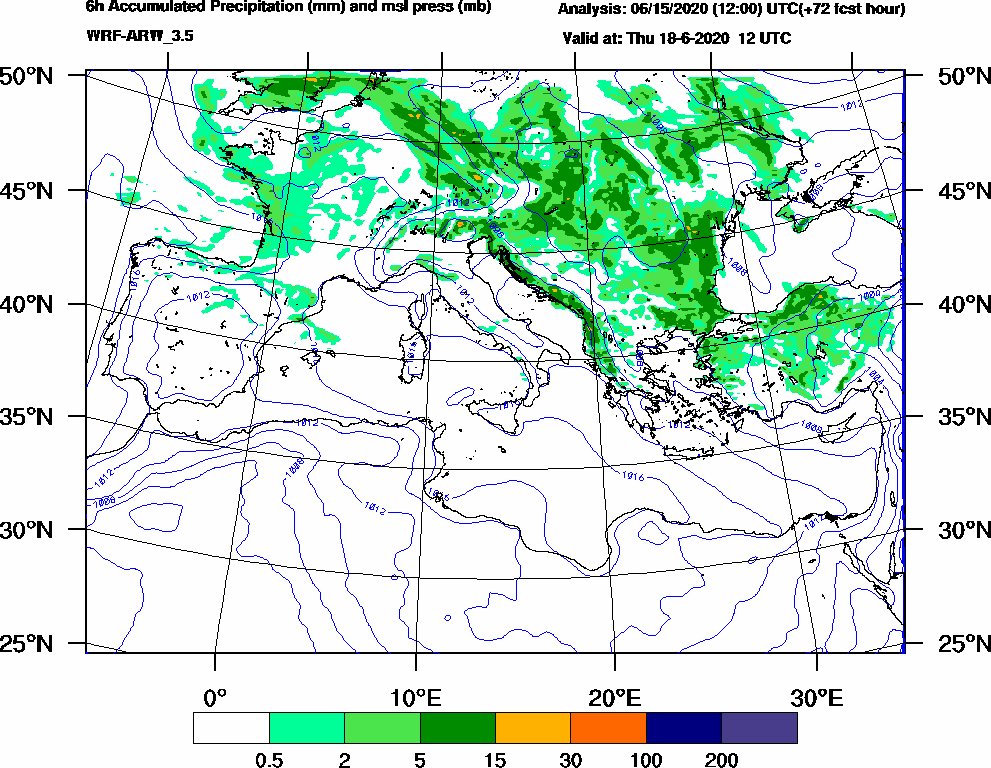 6h Accumulated Precipitation (mm) and msl press (mb) - 2020-06-18 06:00