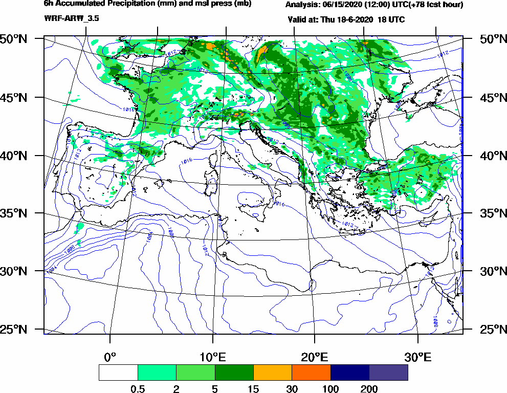 6h Accumulated Precipitation (mm) and msl press (mb) - 2020-06-18 12:00