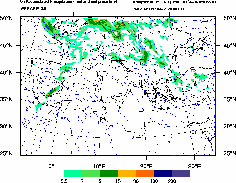 6h Accumulated Precipitation (mm) and msl press (mb) - 2020-06-18 18:00
