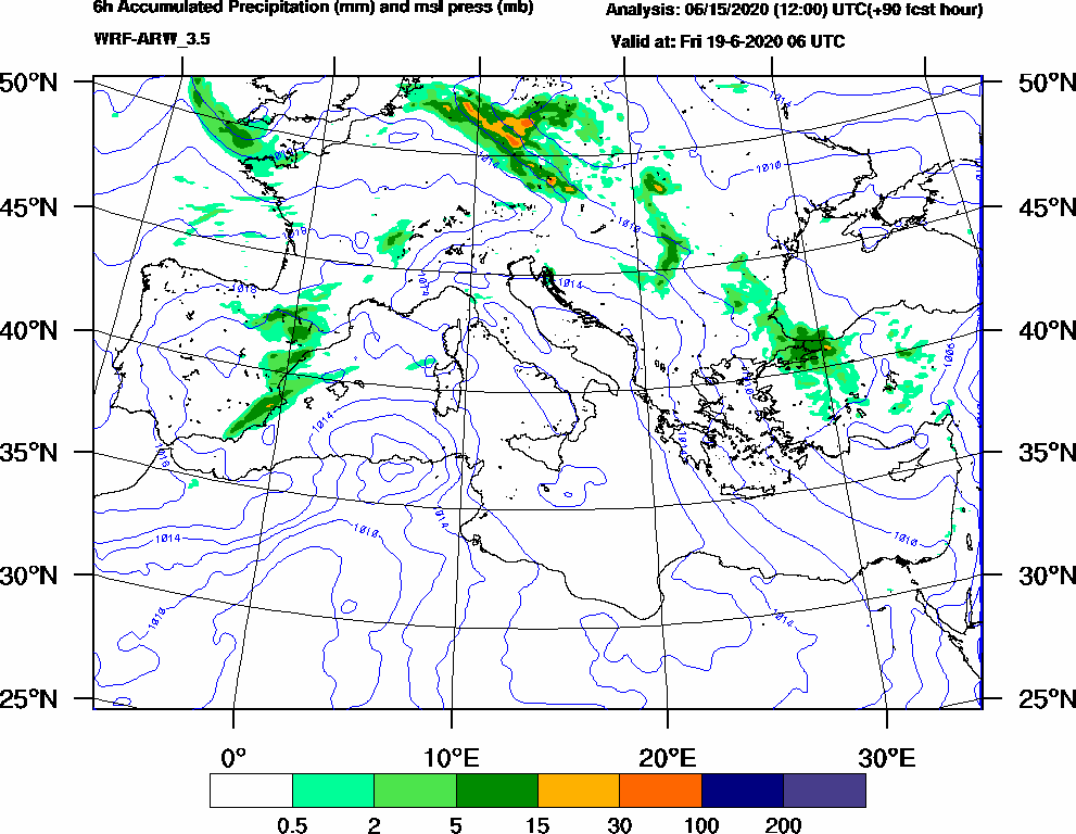 6h Accumulated Precipitation (mm) and msl press (mb) - 2020-06-19 00:00
