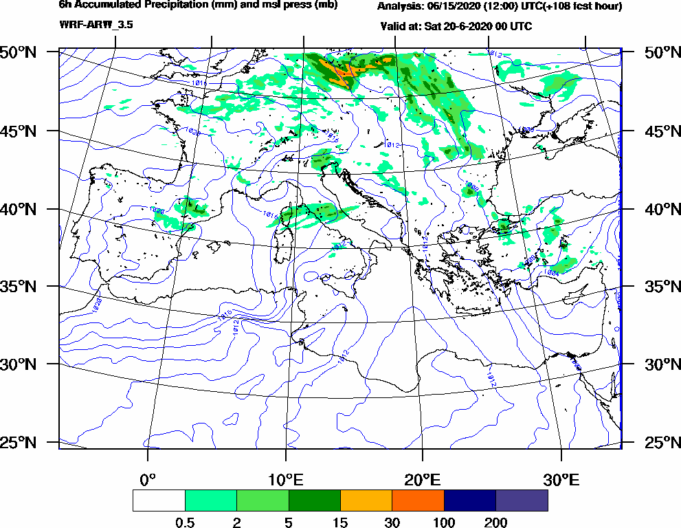 6h Accumulated Precipitation (mm) and msl press (mb) - 2020-06-19 18:00