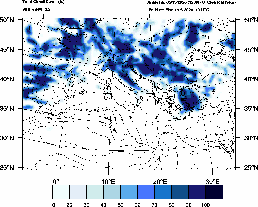 Total cloud cover (%) - 2020-06-15 12:00