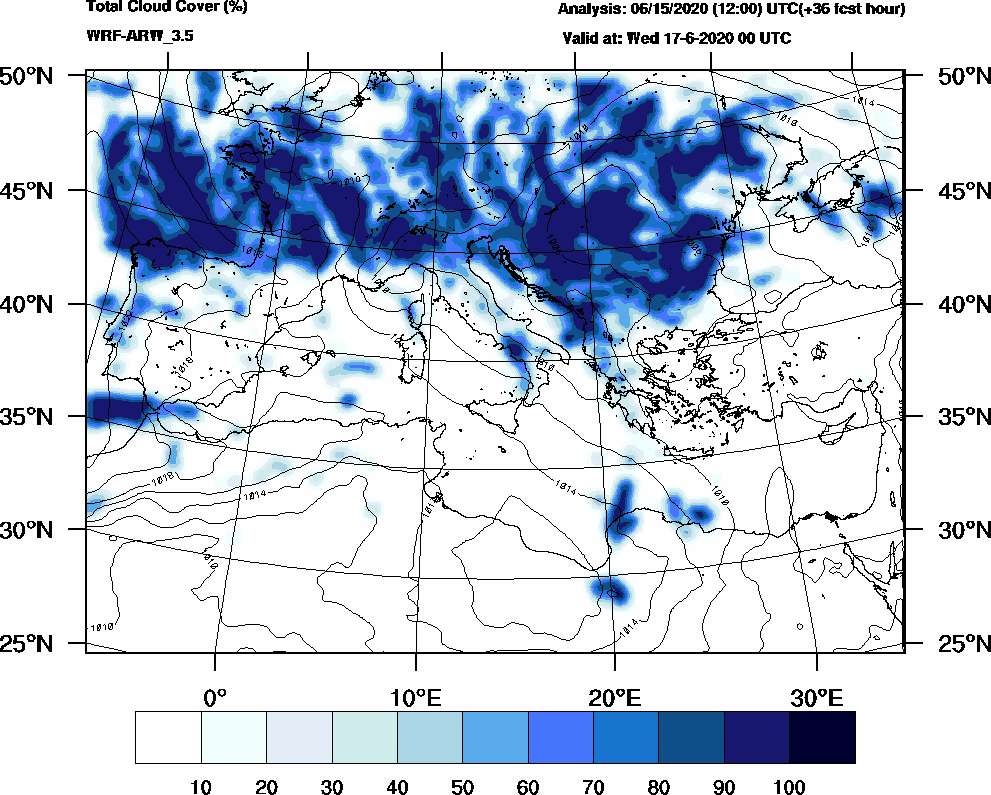 Total cloud cover (%) - 2020-06-16 18:00