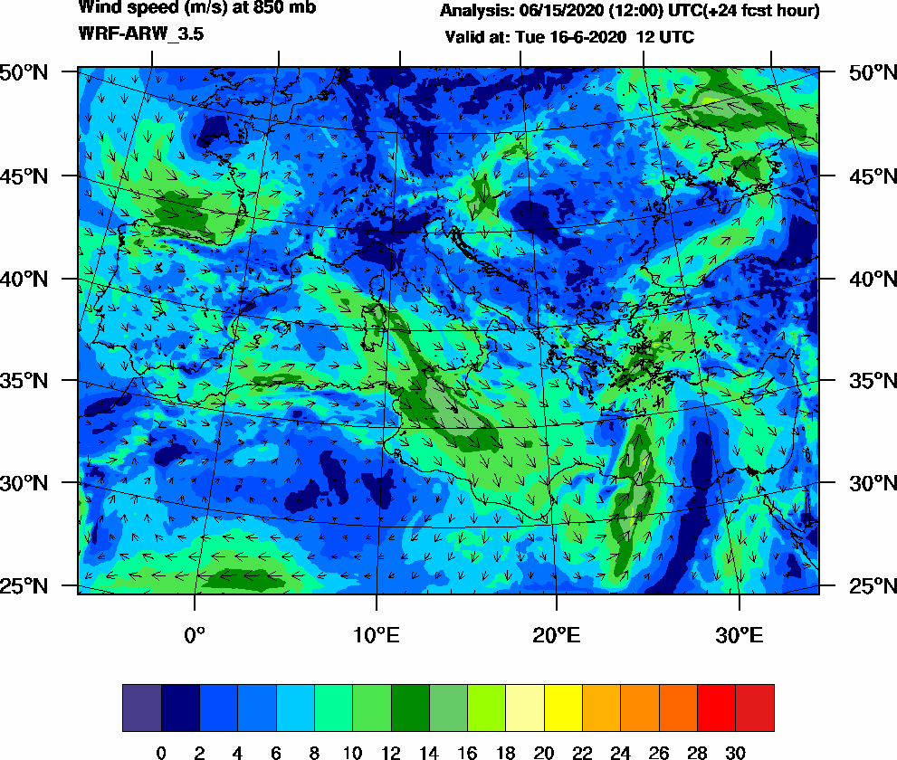 Wind speed (m/s) at 850 mb - 2020-06-16 12:00