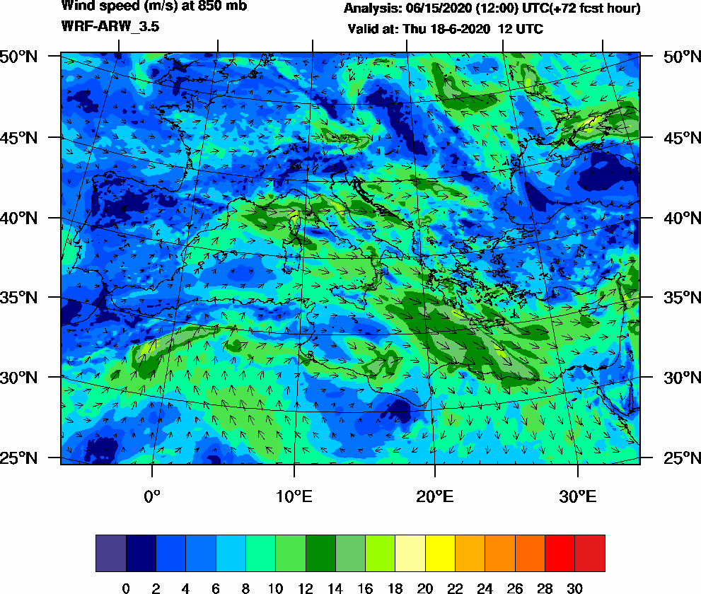 Wind speed (m/s) at 850 mb - 2020-06-18 12:00